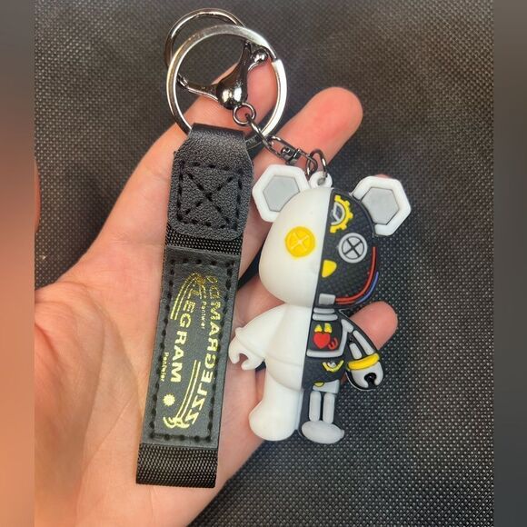 Black & White Cyberpunk Bear Keychain with Strap - Picture 1 of 4